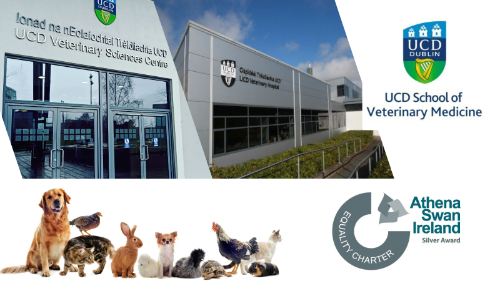 Banner image of photos of front of UCD Vet School and Hospital with photo of a group of animals, the UCD logo and the Silver Athena SWAN ireland Award logo